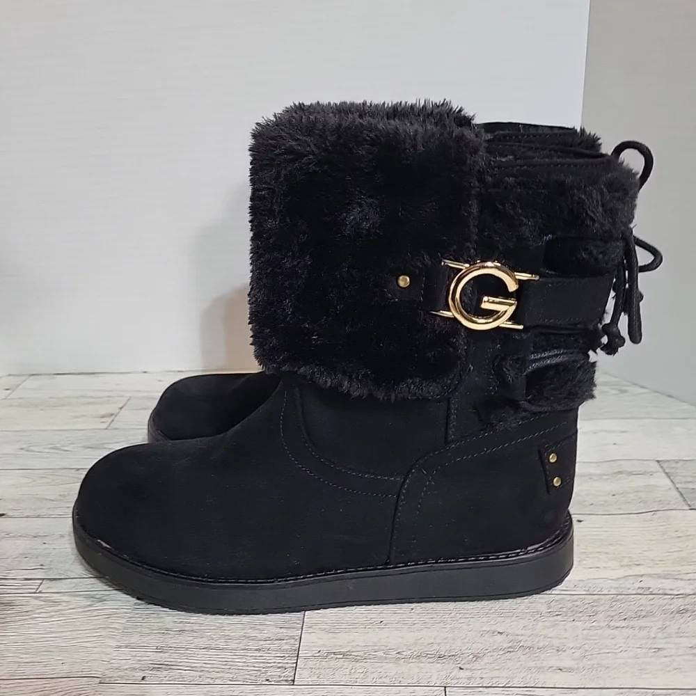 GBG Los Angeles Size 7M Black Faux Fur Lined Winter Ankle Boots Tie Accent‎